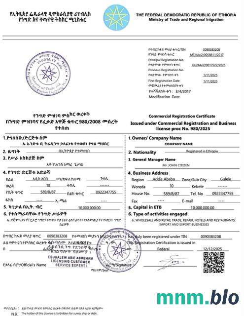 Etiopia commercial registration vcertyfikat Word i szablon PDF